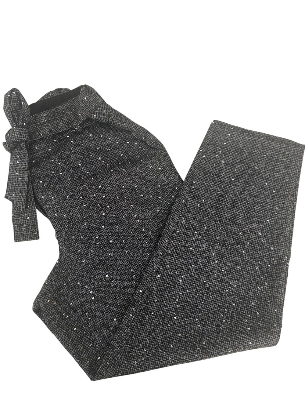LOFT HERRINGBONE SEQUIN TIE WAIST STRAIGHT LEG PANT SIZE 10